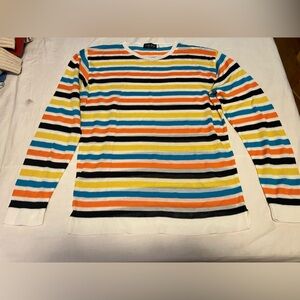Vintage Gene Meyer mens crew neck sweater in bright multi-colored stripe
